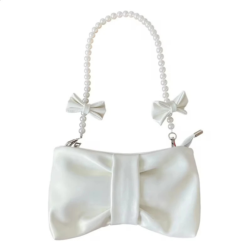 Pearl Bow Cute Underarm Bag Fairy Women Small Pink Shoulder Bag Soft PU Leather Female Pearlescent Clutch Purse Handbags 240821