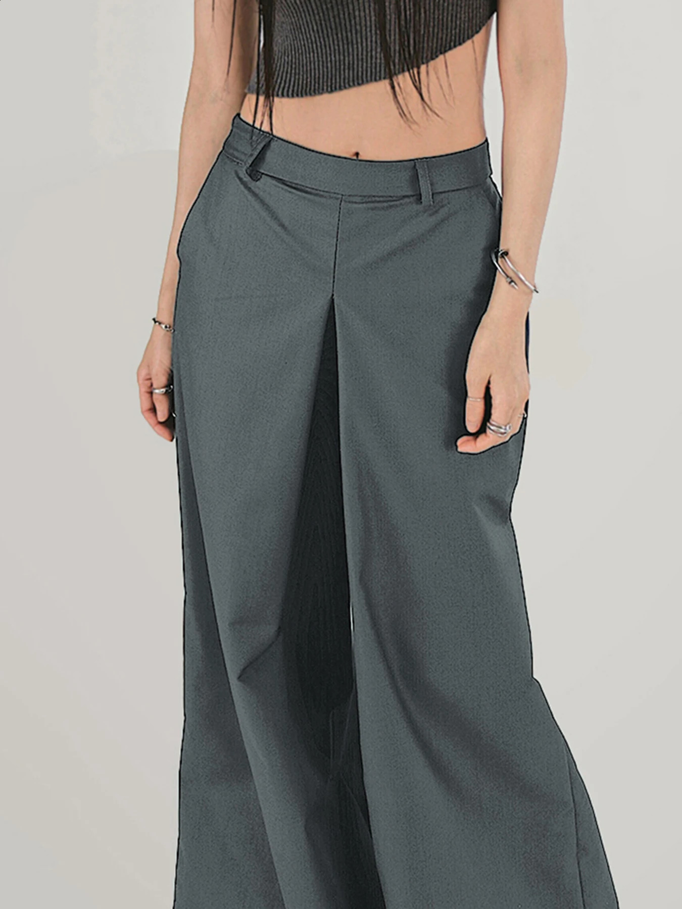 Rockmore Ladies Loose Suit Pant Mid Waist Wide Leg Pants Korean Fashion Baggy Trousers Female Office Wear Elegant Gray Pants 240821