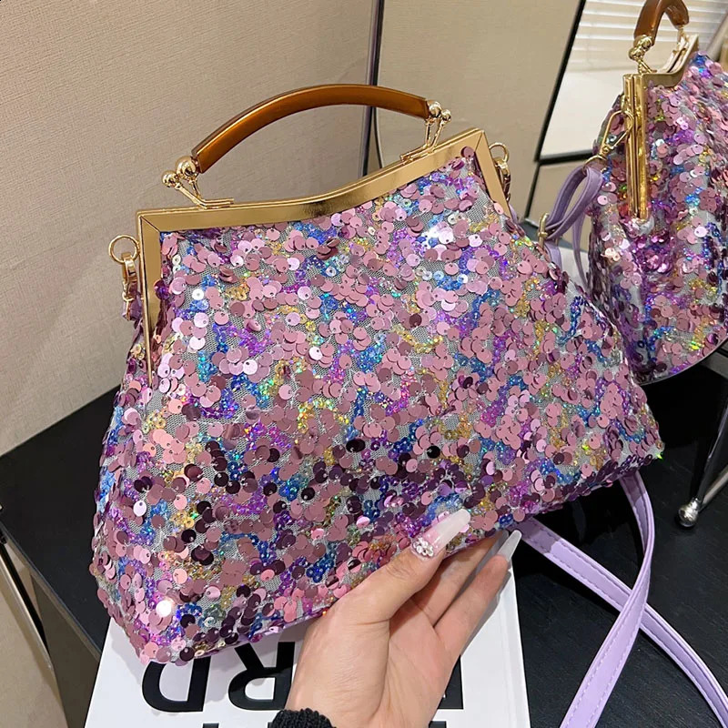 Fashion Women Evening Clutch Metal Glitter Sequin Purple Gold Chain Shoulder Bags Wedding Prom Handbags 240822