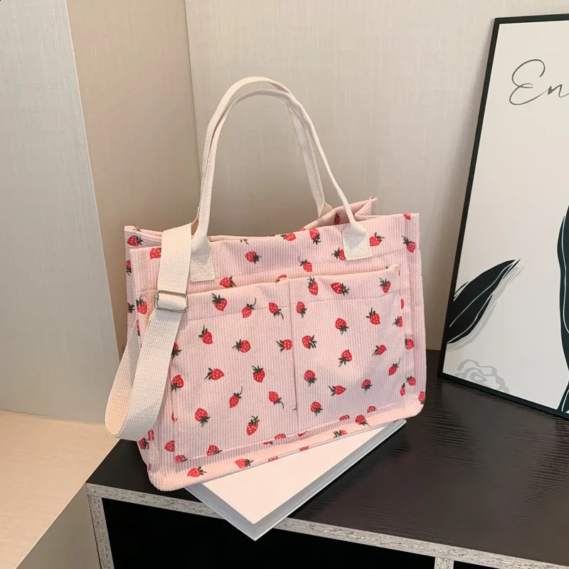 Cute Strawberry Pattern Women Tote Bag Vintage Corduroy Handbags Large Capacity Shoulder Crossbody College Shopper Purses 240821
