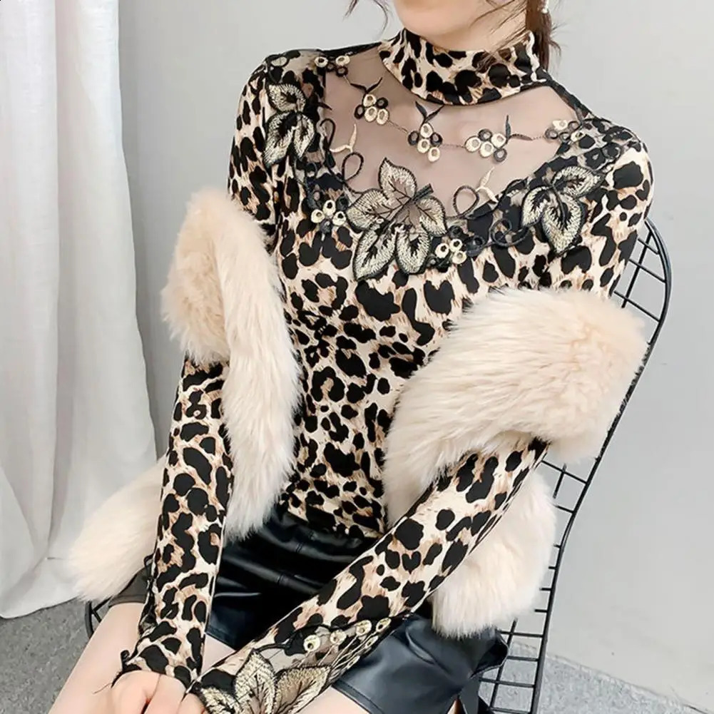Spring and autumn sexy lace womens shirt long sleeved leopard print leaf embroidery transparent basic casual clothing 240822