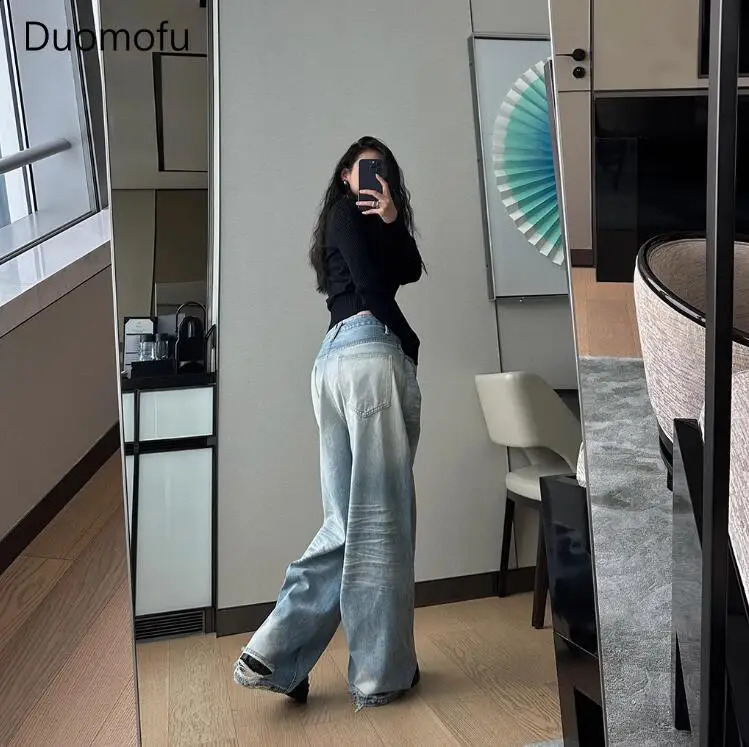 Duomofu Light Blue Classic Straight Strt Baggy Women Autumn Vintage Basic Simple Casual Slim High Waisted Jeans Z260313