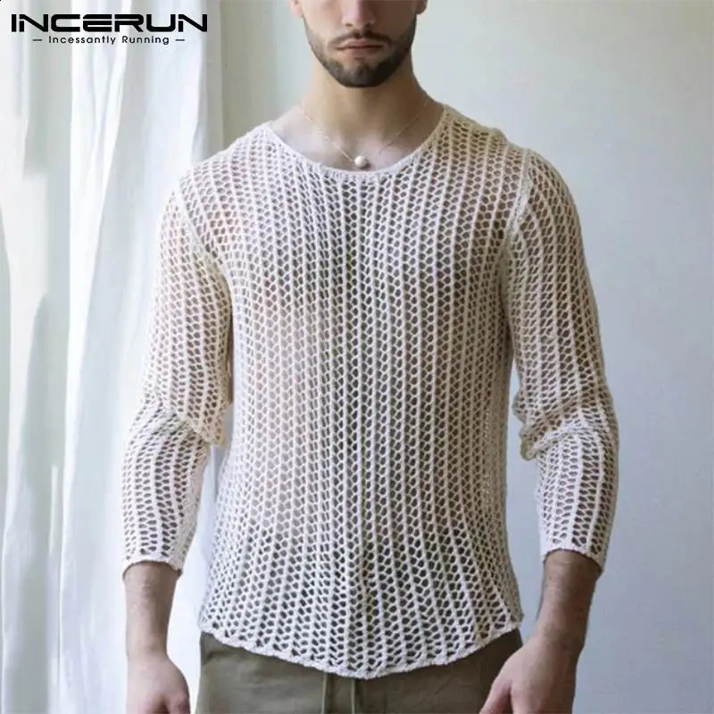 INCERUN Mens Mesh Tshirt Transparent Sexy Oneck Long sleeved Street Clothing Solid Party Nightclub Camisetas S5XL 240822
