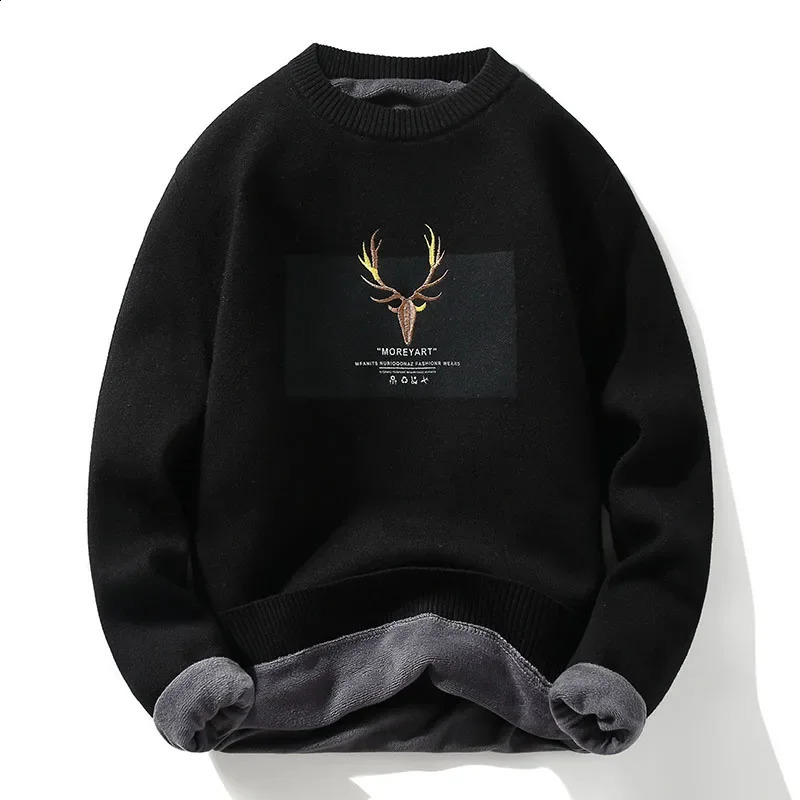 Autumn Vintage Sweaters Ugly Sweaters for Men Knitted Sweater Men Deer Print Pullover Harajuku White Padded Velvet Sweater 240821