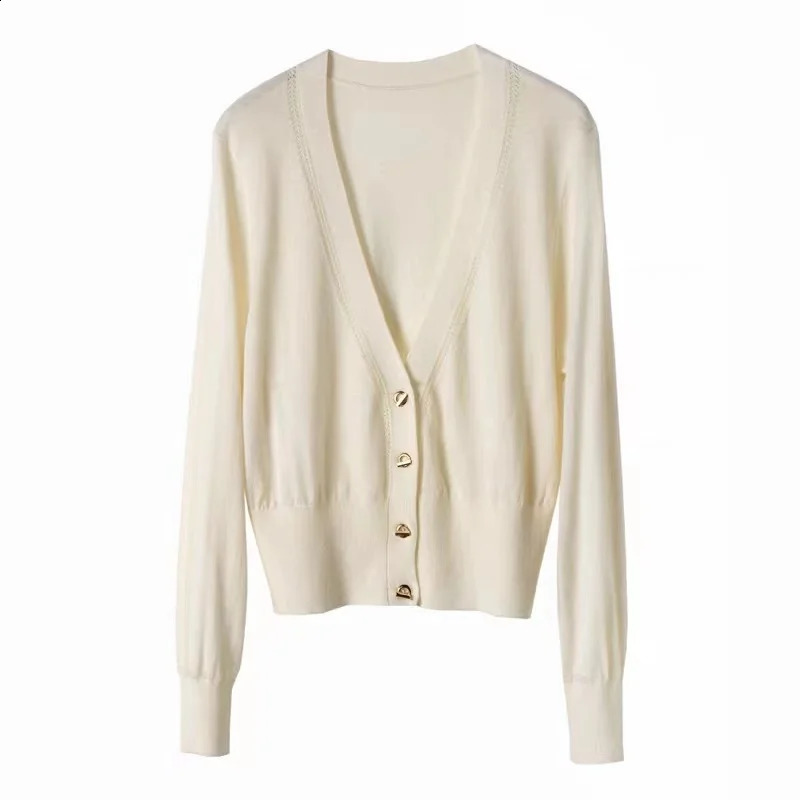 Elegant knitted cashmere cardigan wool womens sweater thin spring and autumn Vneck loose fine coat 240821