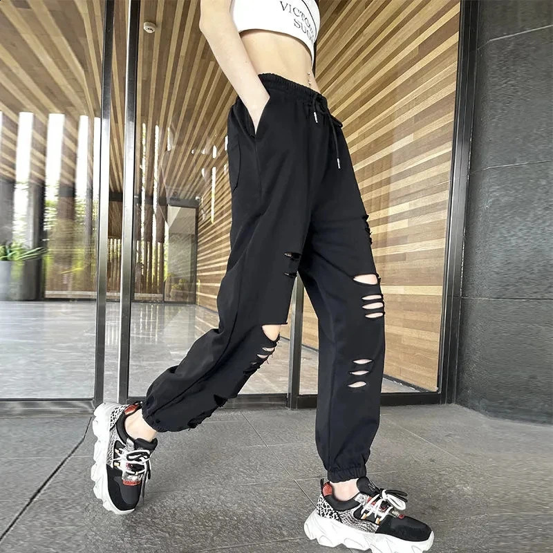 MEXZT Fashion Hole Streetwear Women Harem Pants Summer Harajuku Hollow Out High Waist Elastic Sweatpants Casual Korean Y2k Pants 240821
