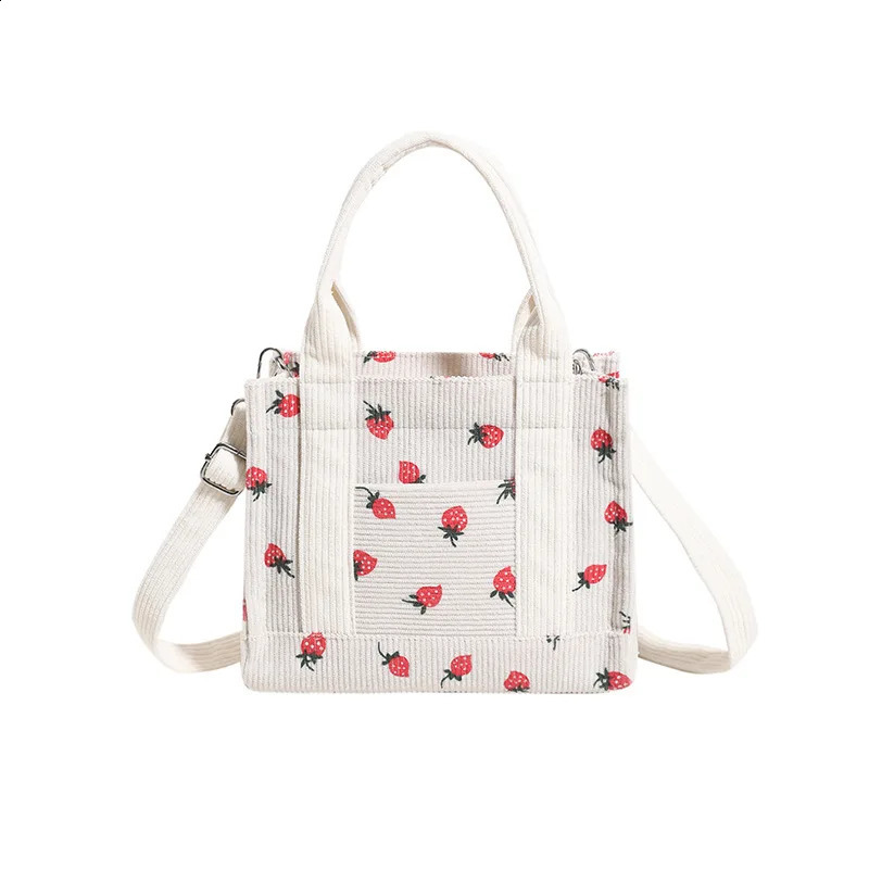 Fashion Strawberry Pattern Small Tote Bag Cute Sweet Corduroy Women Handbags Casual Printing Shoulder Crossbody Bags 2024 240821