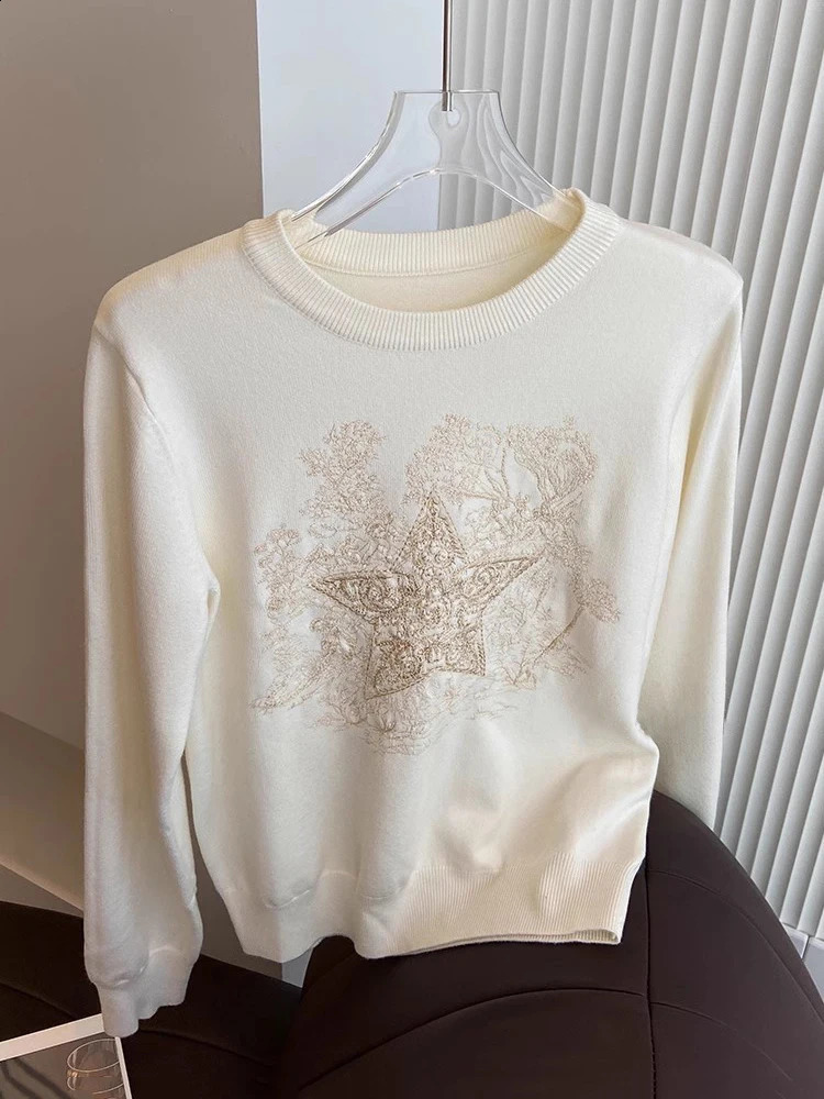 High Quality Womens Knitted Sweater Round Neck Star Embroidery Knit Pullover Korean Fashion Long Sleeve Casual Jumper C-016 240821