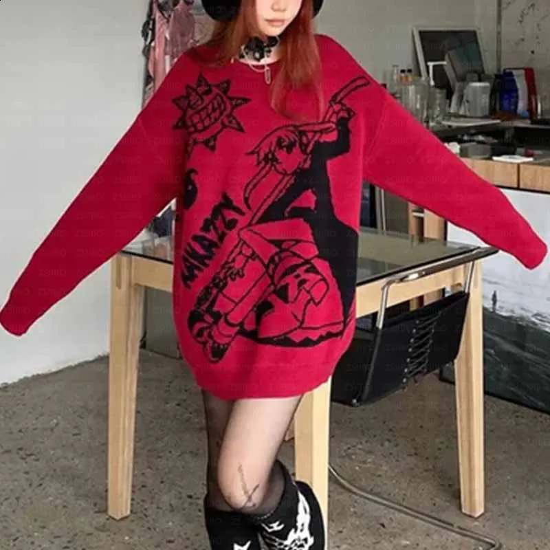 Womens warm highquality knitted sweater cartoon fashion Y2K clothing latte art street punk retro gothic winter 240821