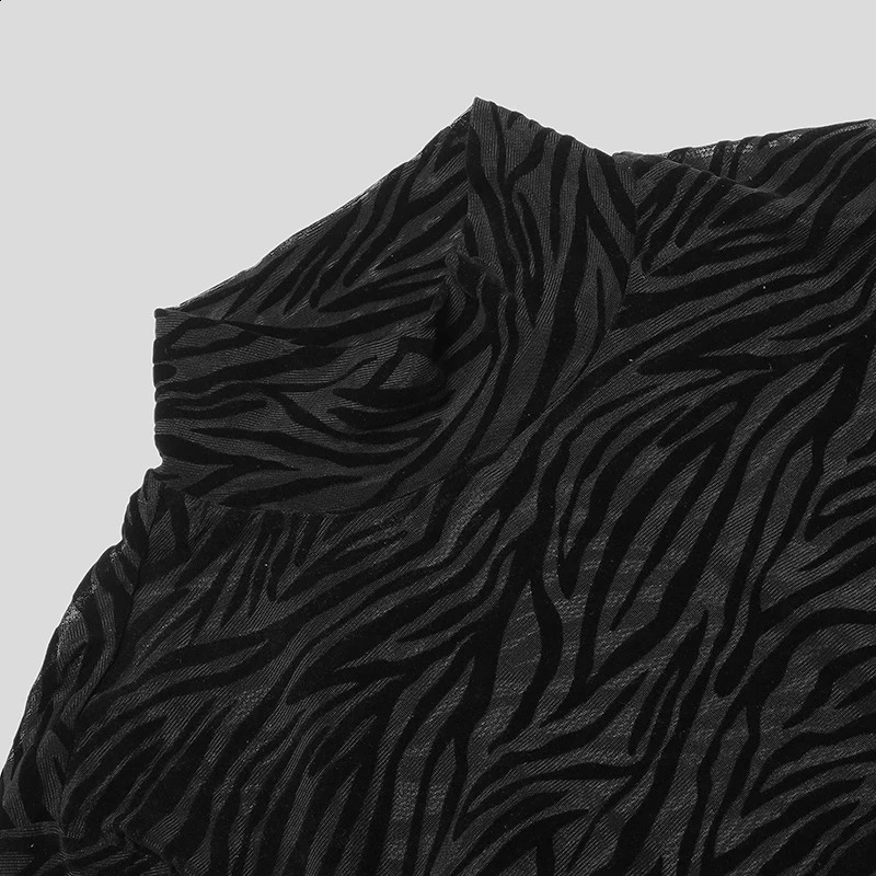 Mesh Shirt Long Sleeve Turtle Neck Nightclub Elastic Sexy Tshirt Spring Fashion Zebra Stripe Transparent Mens 240822