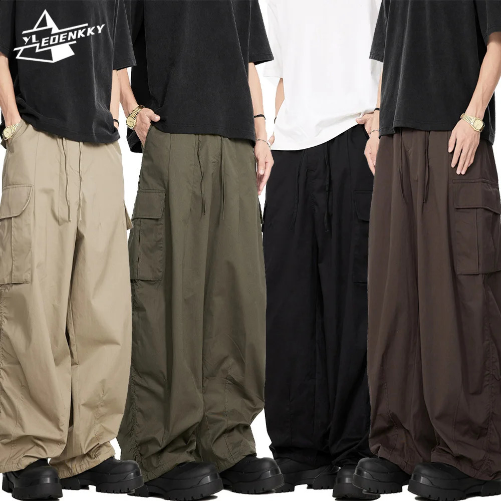 Harajuku cargo pants mens retro hiphop multi pocket solid color pleated loose umbrella unisex casual bottom 240821