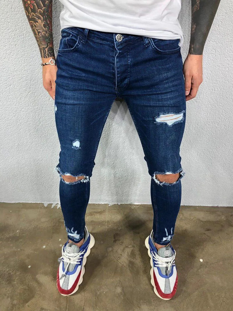 Knee hole Ripped Jeans Men Skinny blue black High Street Style Elasticity Slim Frayed Casual Men Pants Trousers Biker Jeans 240821