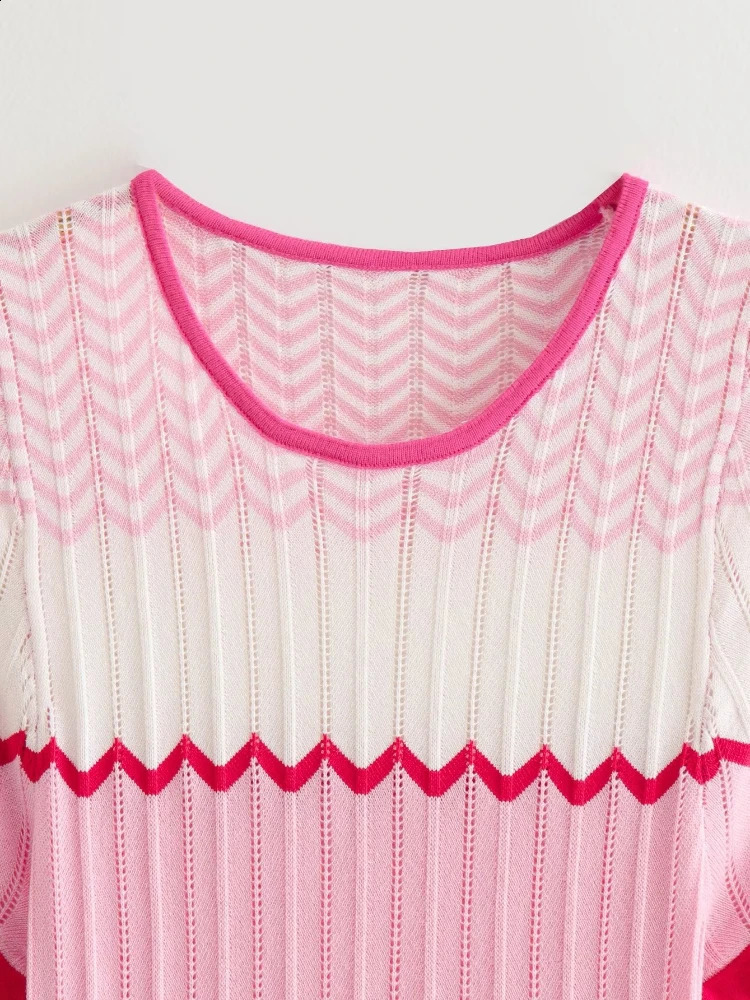 Fashion Round Neck Short Sleeve Dresses Women Contrast Knitted Slim Maxi Dress Autumn Elegant Lady Vacation Street Vestido 240822