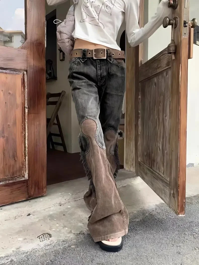 Vintage Panels Fringed Jeans Distressed Straight-leg Pants Irregular Panels Baggy Trousers High Waisted Jeans Streetwear Women 240821
