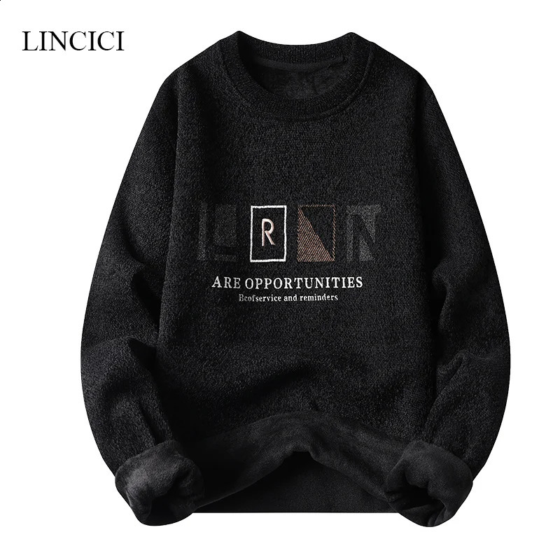 Autumn/Winter Mens Sweater with Thick Velvet for Warmth Round Neck Embroidered Alphabet Color Blocked Knitted Inner Base 240821
