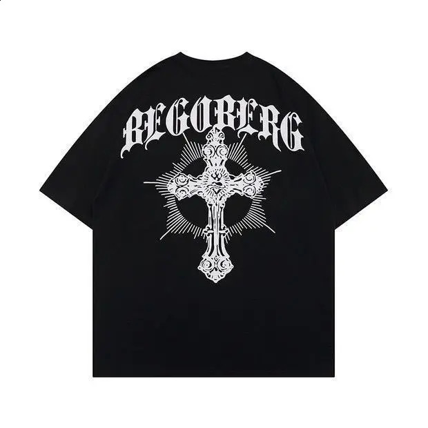 European and American Harajuku cross printed graphic Tshirt fashionable Y2K street retro hiphop mens womens oversized 240822