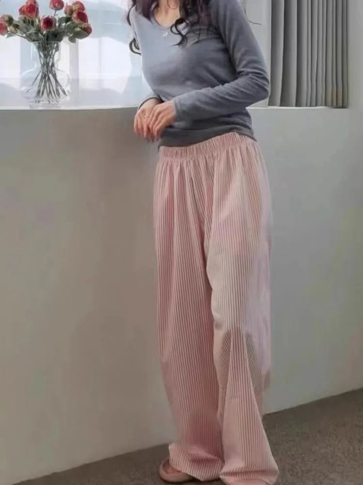 Korean Cotton Bow Striped Wide Leg Women Casual Loose High Waist Pockets Mopping Pajama Pant Comfort Home Straight Trousers Z260314