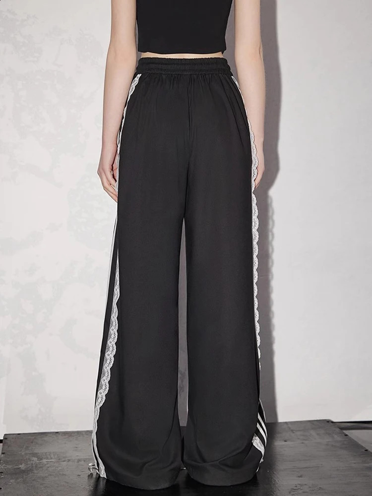 Womens Black Gothic Baggy Striped Pants Vintage Y2k Harajuku Aesthetic Emo Pants Patchwork Lace Trousers 2000s Trashy Clothes 240821