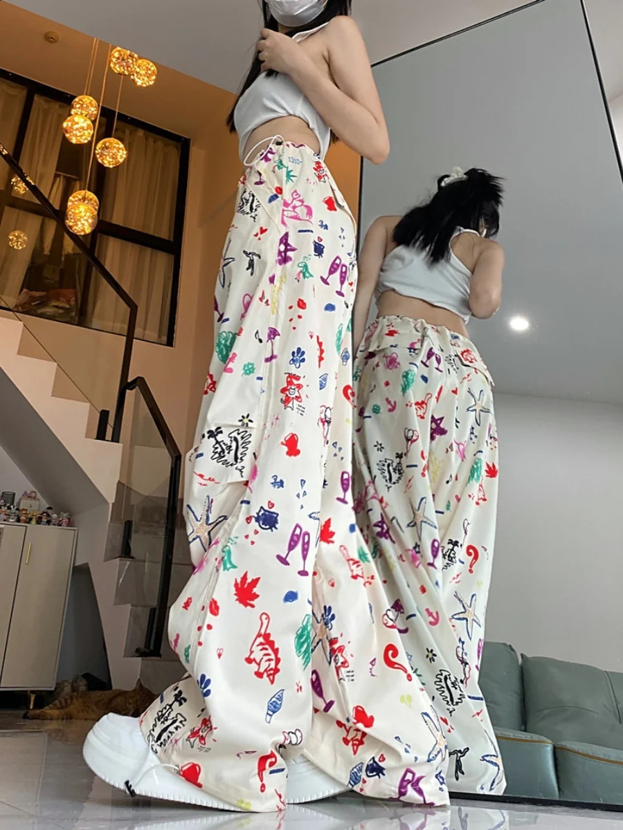 Y2K Pant Women Drawstring Pockets Graffit Wide Leg Chic Punk Pants Baggy Striped Sports Sweatpants Parachute Jogger Trousers 240821