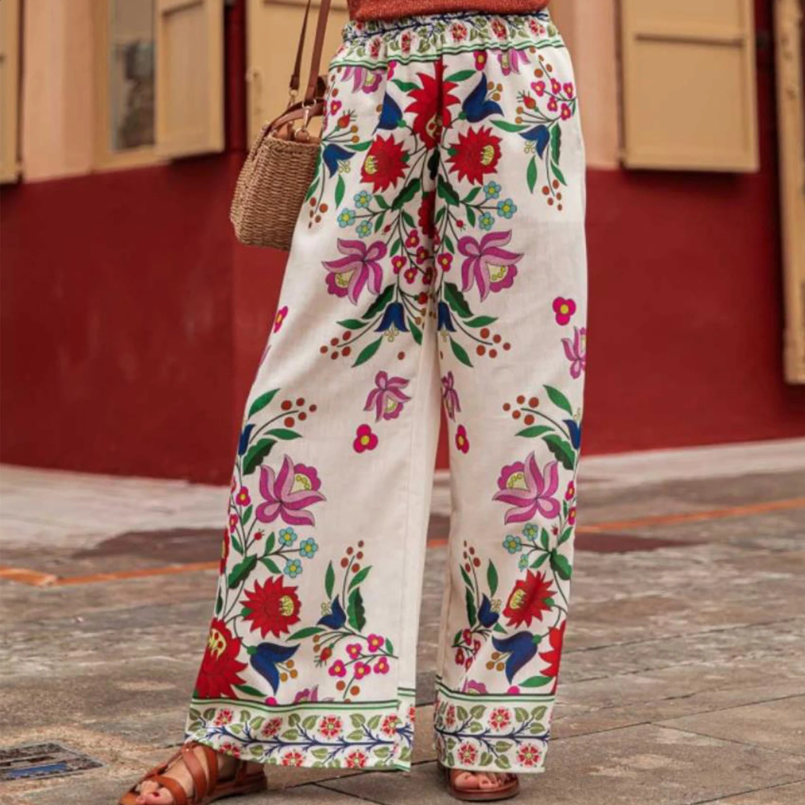 Hirigin Vintage Boho Women Wide Leg Pants Casual Floral Print Loose Elastic Waist Trousers Y2K Holiday Beach Streetwear 240821