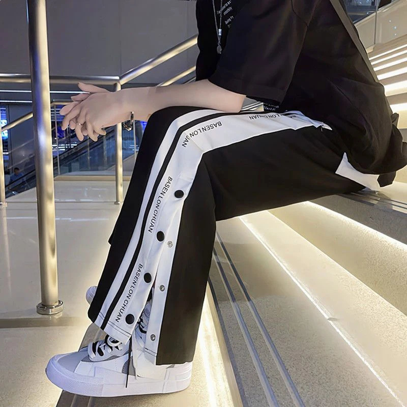 Side Button Jogger Wide Leg Pants Men Trousers Y2k Korea Style Hip-Hop Streetwear Harajuku Loose Womens Baggy Sweatpants 240822