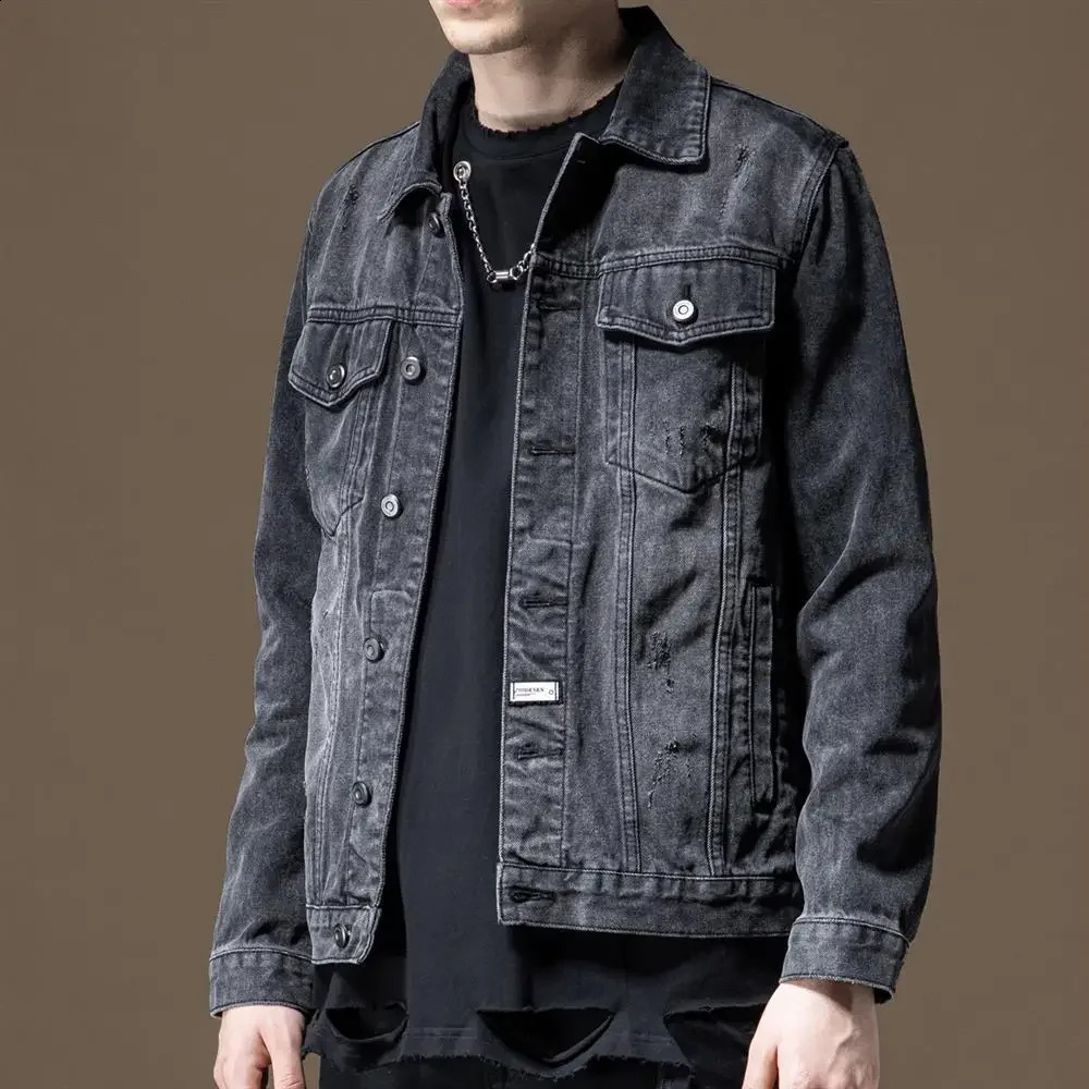 Male Jean Coats Button Autumn Black Mens Denim Jacket Biker Motorcycle With Embroidery Korea Clothing In Low Price Worn Y2k 240821