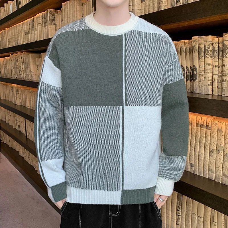 Autumn and Winter Fashion Youth Thickened Round Neck Versatile Contrast Color Long Sleeve Knitted Mens Thread Shirt 240821
