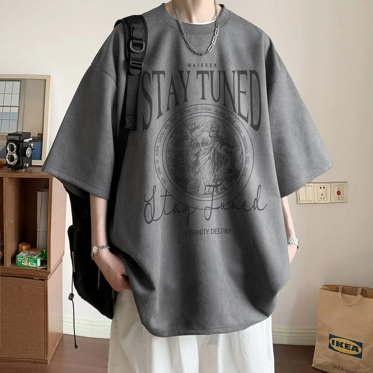 Military green suede flor short sleeved Tshirt suitable for summer men Vintage trend handmade heavyduty clothing y2k from the United States 240822