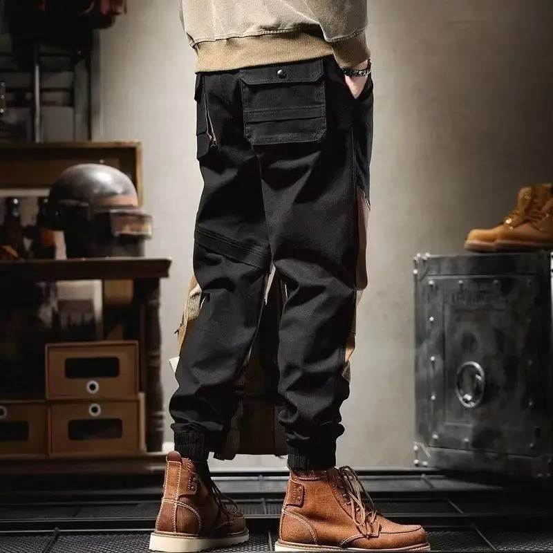 Mens elastic waist button zipper with spring and autumn patches solid color pockets pleats loose matching casual workwear pants 240821