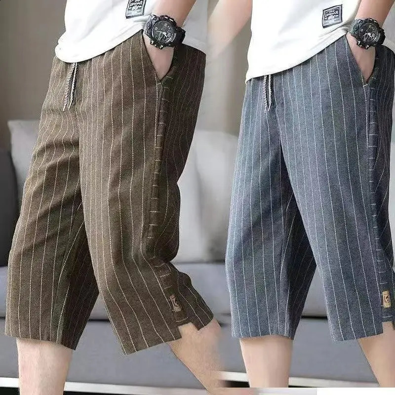Summer Mens Cotton Linen Cropped Pants Fashion Casual Loose Wide Leg Straight Trouser Vintage Calf-Length Shorts Streetwear 240822