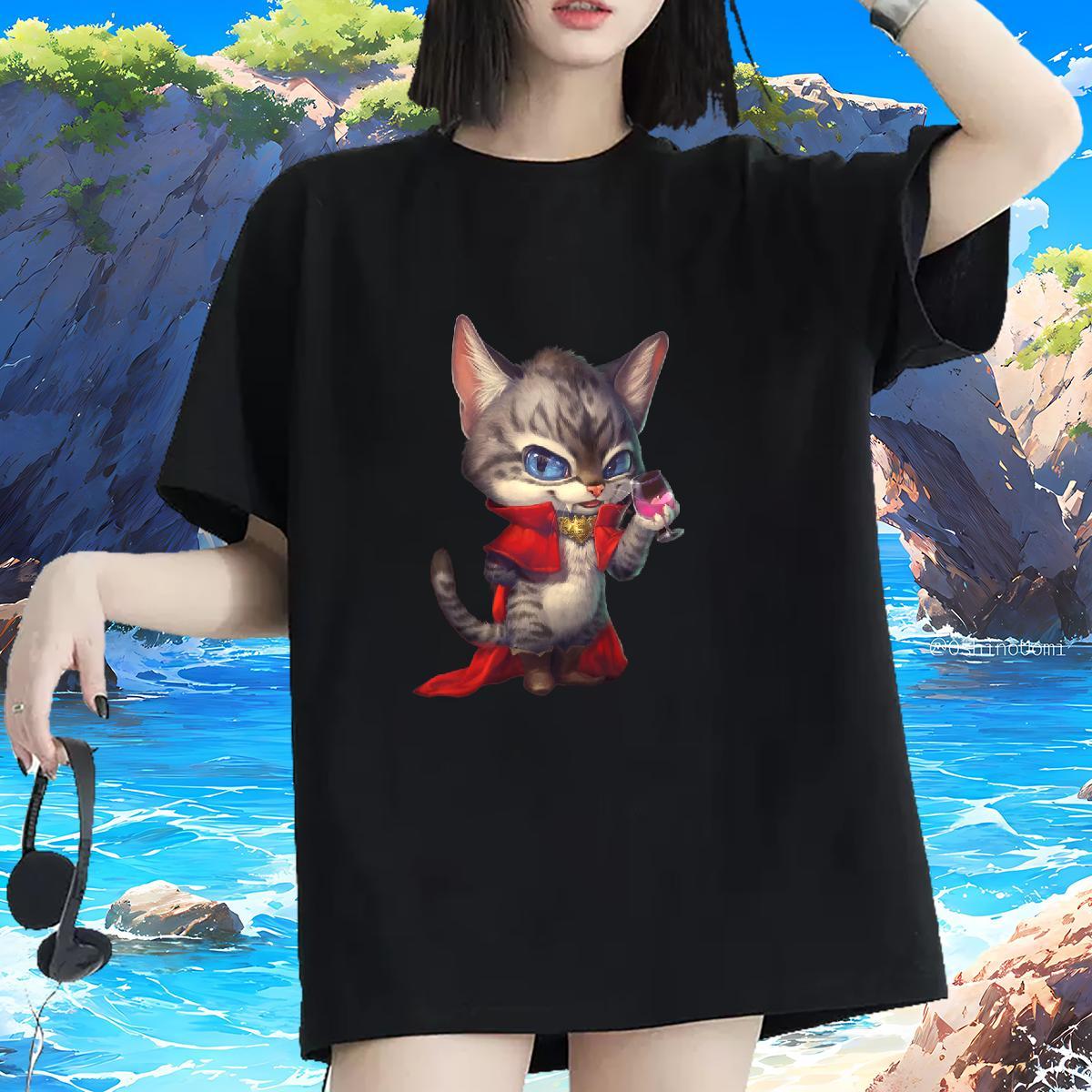 New Womens T Shirts Crew Neck 230g Cotton Women Tees Plus Size Cartoon cat Casual Beach Nice Tops
