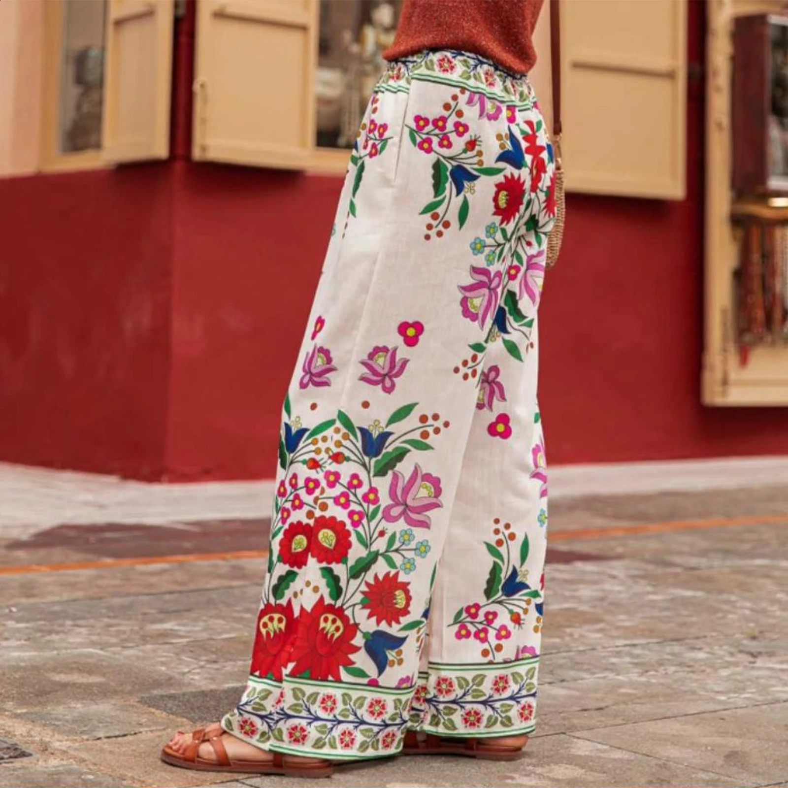 Hirigin Vintage Boho Women Wide Leg Pants Casual Floral Print Loose Elastic Waist Trousers Y2K Holiday Beach Streetwear 240821