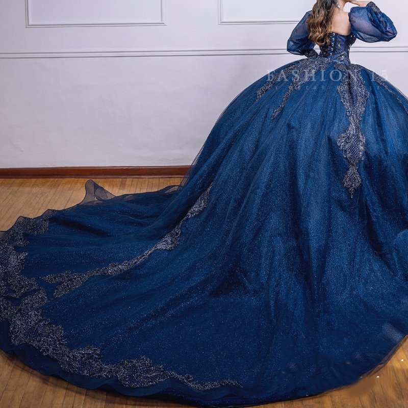 Navy Blue Shiny Ball Gown Quinceanera Dresses Appliques Lace Beads Crystal Off The Shoulder Ruffles Corset Vestidos De 15 Anos Sweet 16 Dress