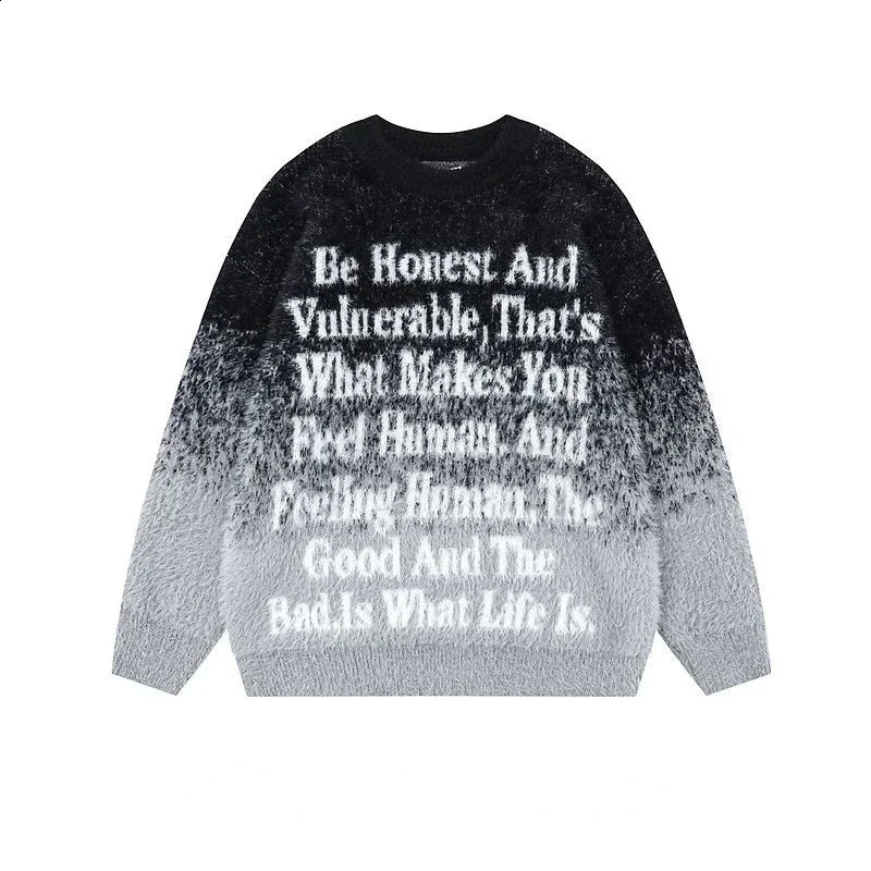 Hip hop gradient letter print knitted pullovers sweaters men and women fall and winter casual couple thickened oversize vintage 240821