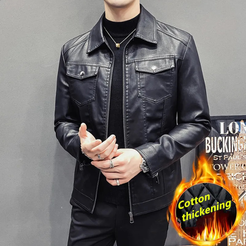 Trend Mens Leather Jackets Thick Winter Warm Jacket Slim Fit Cool Motorcycle Turn-down Collar Zipper Coats 240822