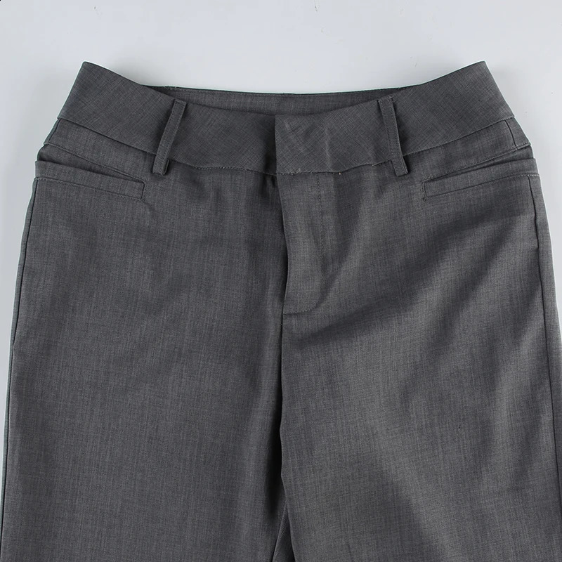 Rapcopter Grey Low Waist Pants Pockets Slim Flare Trousers Women Vintage Basic Casual Office Ladies Pants Harajuku 240821