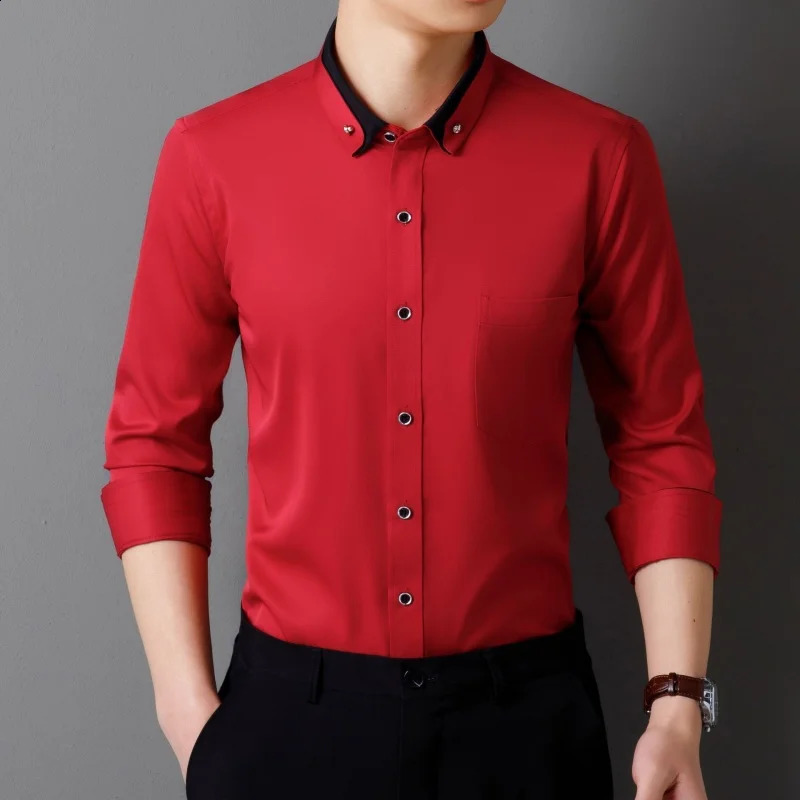 Mens Shirt Long Sleeve Elastic Wrinkle Proof Business Office Spring and Autumn Top Classic Solid royal blue -Black -White-green 240822