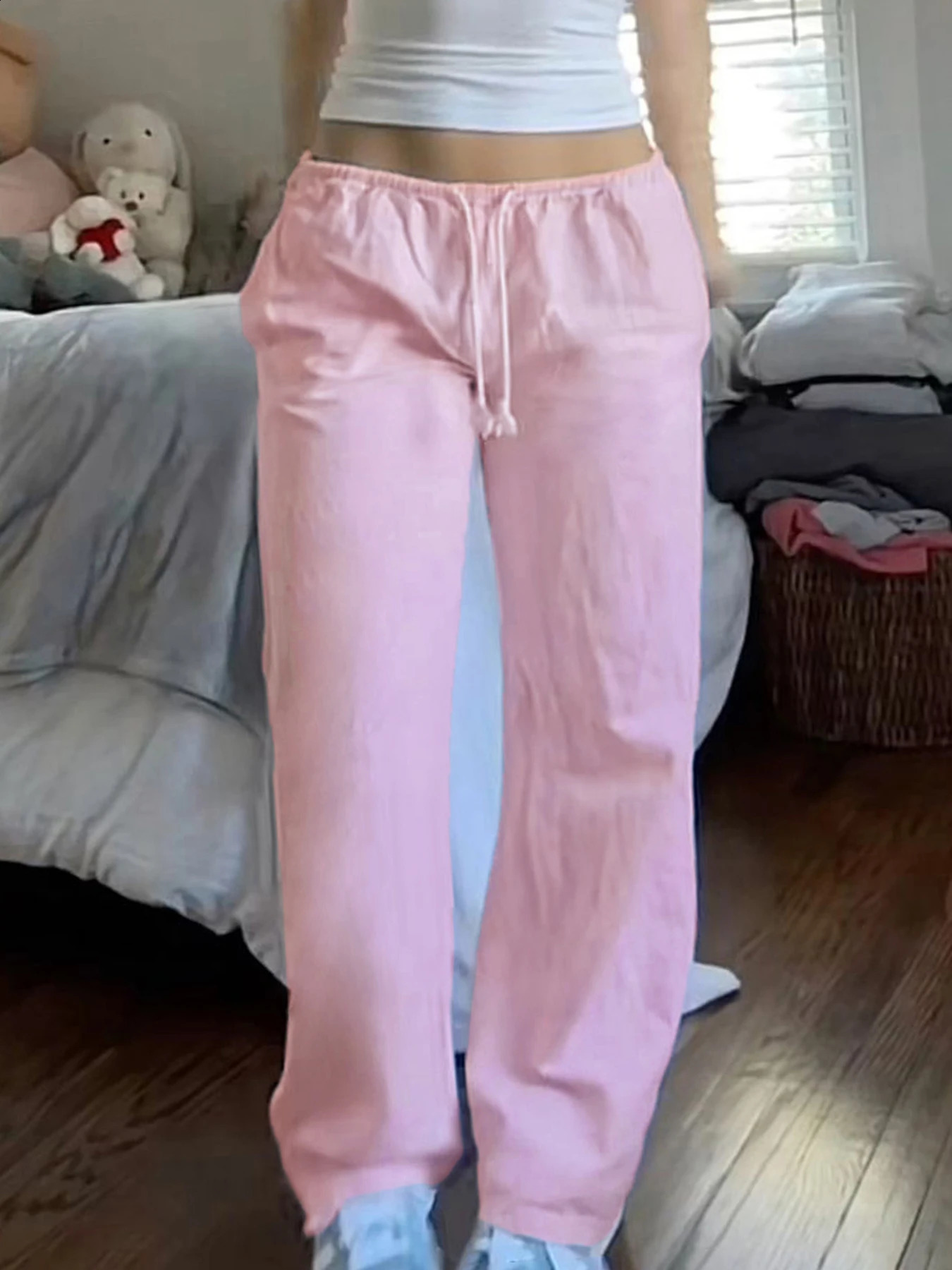 Sweetown Pink Solid Loose Casual Woven Straight Leg Pants Women Drawstring Low Waist Y2K Baggy Jogging Trousers 240821