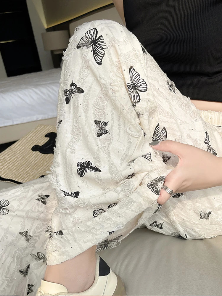 HOUZHOU Y2K Harajuku Butterfly Wide Leg Pants for Women Hole Streetwear High Waist Straight Trousers Female Rhinestone Summer 240821