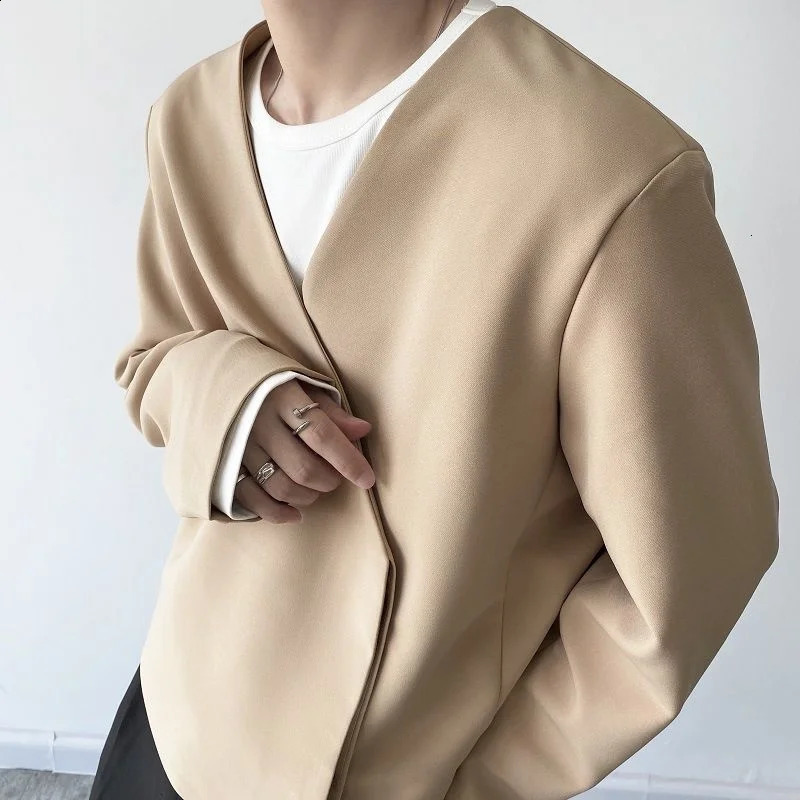 IEFB Autumn Personality Mens Collarless Short Suit Coat Simple Trend Black Oversized Asymmetric Breasted Clothes Y9248 240821