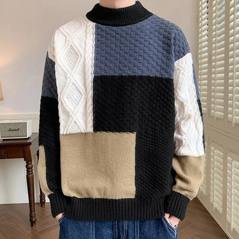 Vintage Patchwork Mens Sweater Pullovers Autumn Winter Fashionable Contrast Color Knitted Slim Jumpers Men Daily Casual Sweaters 240821