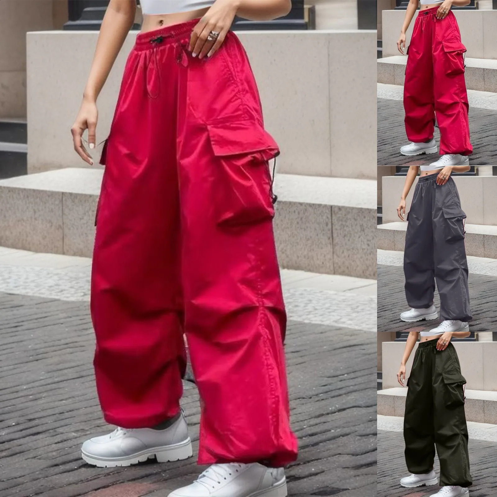 Women Big Pockets Cargo Pants High Elastic Waist Drawstring Baggy Trousers Vintage Casual Loose Side Zipper Straight Y2k Pants 240821