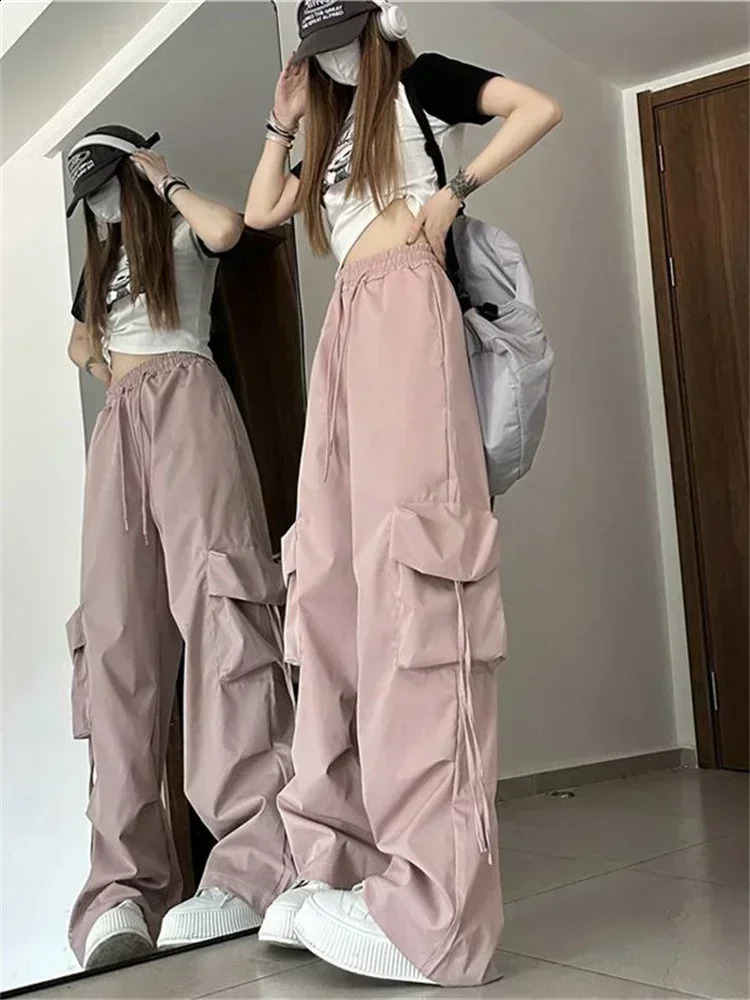 QWEEK Y2K Beige Cargo Pants Woman Streetwear Hip Hop Black Parachute Trousers Oversized Korean Fashion Wide Leg Pink Sweatpants 240821