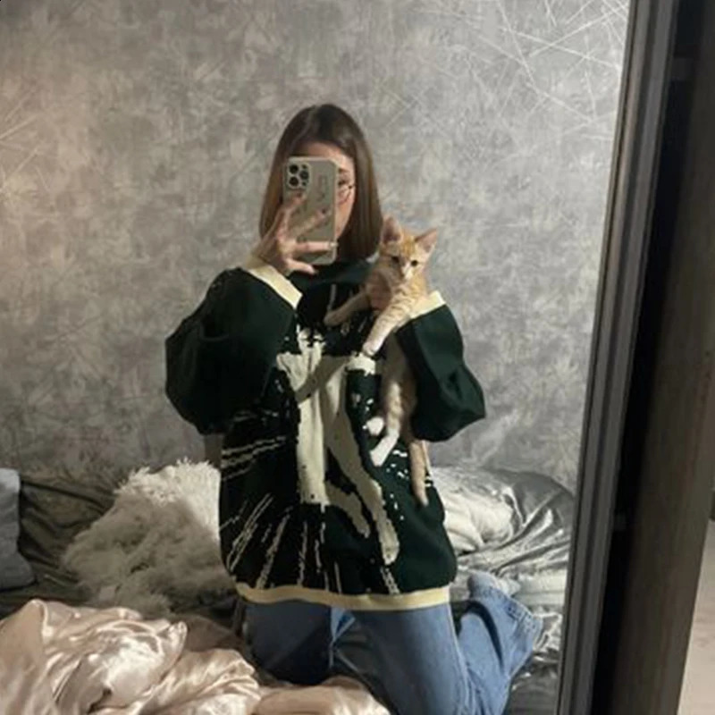 Green hiphop street gothic wool retro latte knit mens sweater Y2K Harajuku punk style EMO 240821