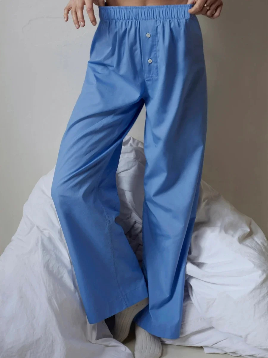Womens Y2K Retro Vintage Casual Striped/Solid Long Pants Button Elastic High Waist Aesthetic Loose Straight Trousers 240821