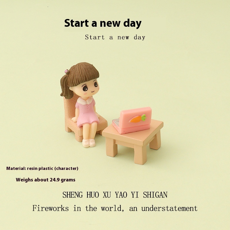 Cartoon Cute Little Girl Mini Computer Desk and Chair Micro Landscape Work Scene Baby House Accessories Home Decoration Ornament
