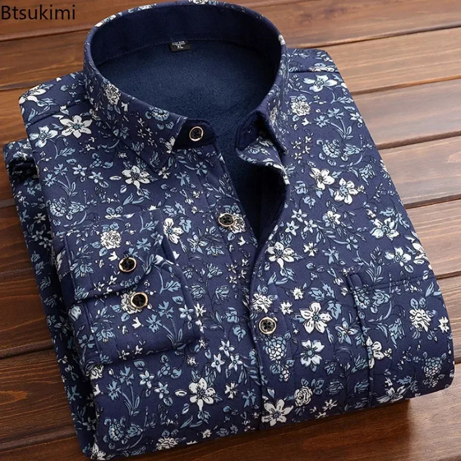 Autumn Winter Mens Clothing Fashion Retro Casual Business Long Sleeve Lapel Shirts Fleece Thicked Warm Man Print Shirt Tops 240822