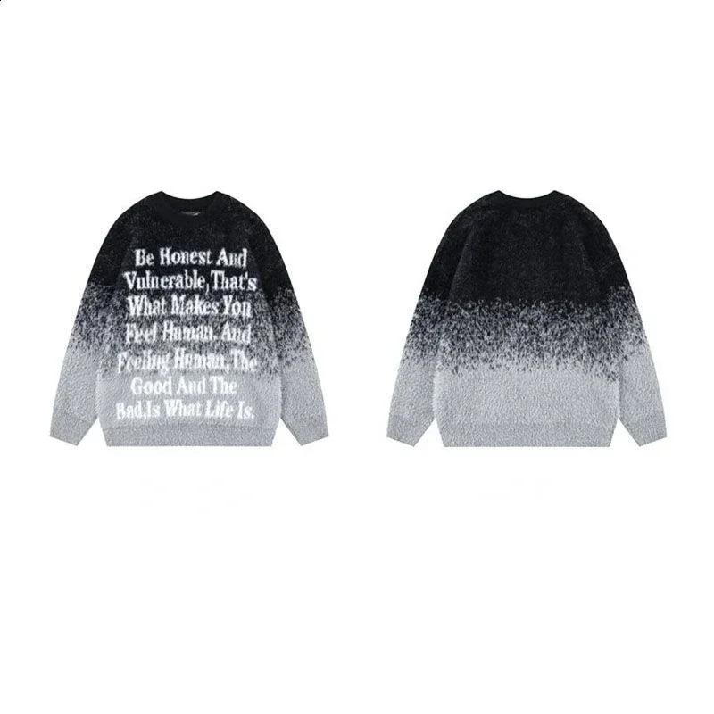 Hip hop gradient letter print knitted pullovers sweaters men and women fall and winter casual couple thickened oversize vintage 240821