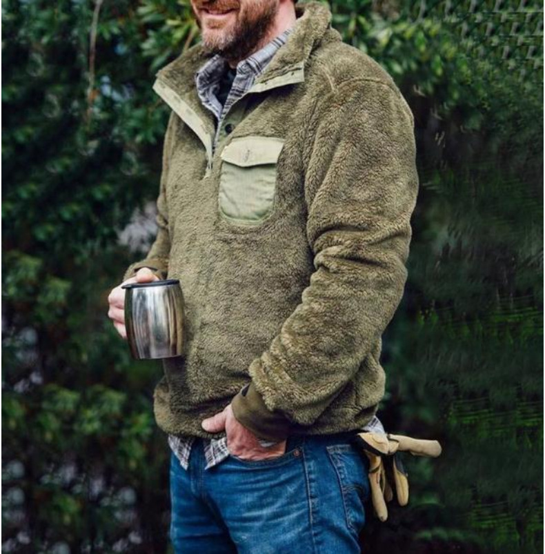 Autumn and winter men's casual flannel plush hoodie with button pocket sweater dongdumaoyi