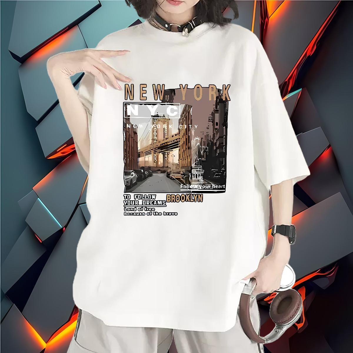 Brand Womens Tshirts 230g 100% Cotton New York Street Casual T Shirts Women Short Sleeve O-Neck Cartoon Print Tops Shirt